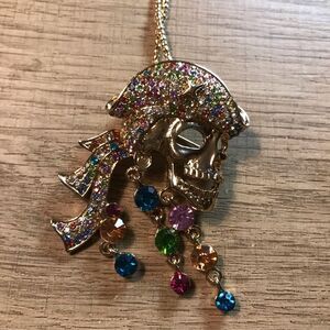 Betsy Johnson Gold Rhinestone Multicolor Crystal Pirate Skull Pendant Necklace